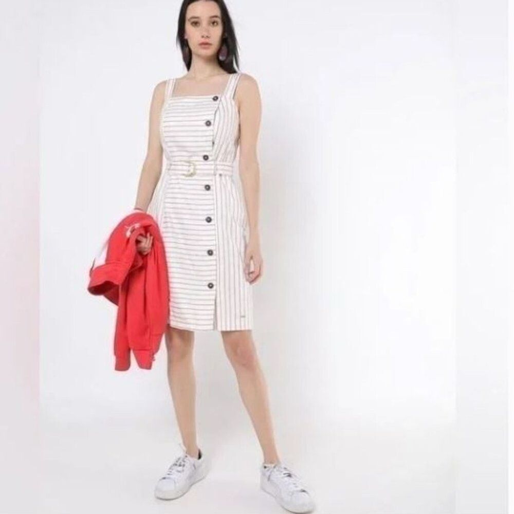 Luxury TOMMY HILFIGER Belted Button Front Red Striped Flare Dress Size 8